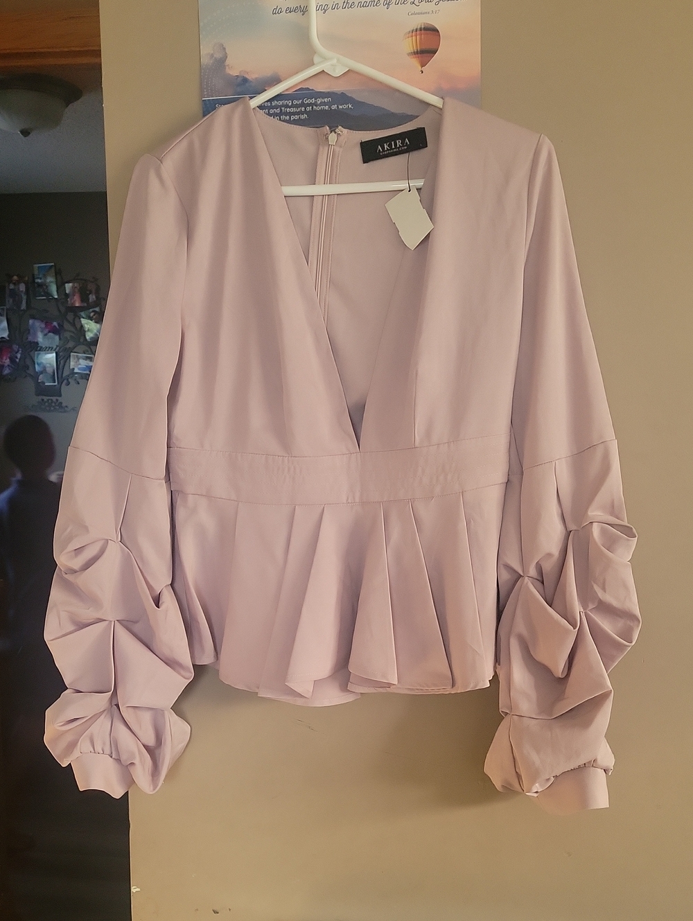 Akira Women's Lilac Peplum Blouse with Ruched Balloon Sleeves